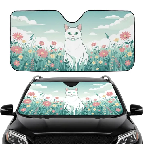 Serene White Cat Wildflower Meadow - Travel Essentials for Cat Lovers Car Sunshade
