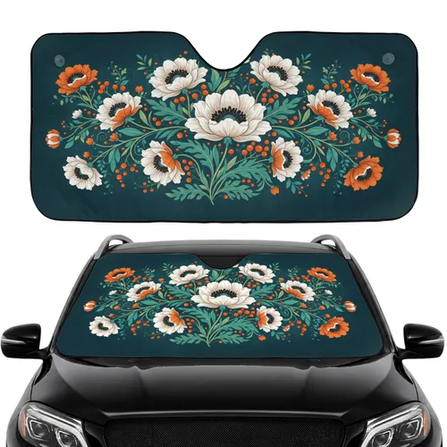 White Orange Poppies Intertwining Teal Leaves Red Berries - Car Interior Upgrade Car Sunshade