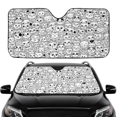 Cat Faces Fish Skeletons Paw Prints Meow Speech Bubbles - Road Trip Commute Accessory for Cat Lovers Car Sunshade
