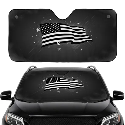 Black White American Flag Patriotic Light Rays Dark Sky Car Interior Upgrade for Veterans Car Sunshade