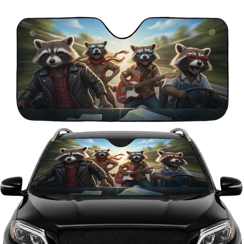 Raccoon Rock Band Highway Adventure Electric Guitar – Road Trip Gift Car Sunshade