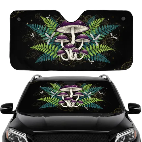 Bioluminescent Mushroom Forest Fern Snail Dragonflies Golden Geometric - Car Interior Upgrade Car Sunshade