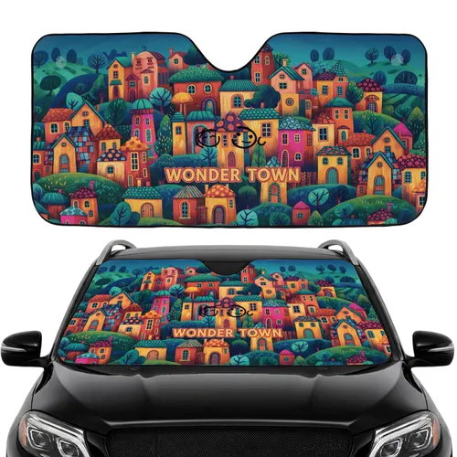 Townscape Houses Rolling Hills Foliage Twilight - Car Interior Upgrade Car Sunshade