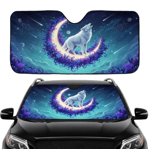 Majestic White Wolf Golden Moon Celestial Sky - Car Interior Upgrade Car Sunshade