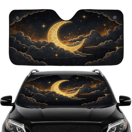 Rich Golden Crescent Moon Glowing Stars Dark Night Sky Stardust Clouds - Car Interior Upgrade Car Sunshade