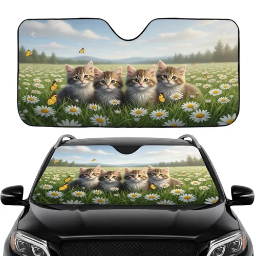 Fluffy Kittens Daisy Meadow Butterflies - Car Interior Upgrade for Cat Lovers Car Sunshade