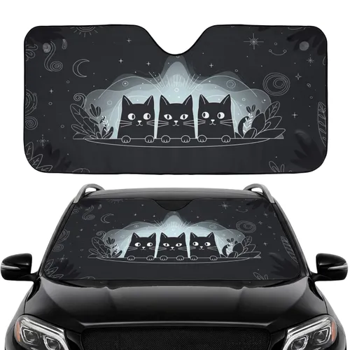 Black Cats Peeking Night Sky Trees Scene - Road Trip Travel Essentials Car Interior Car Sunshade