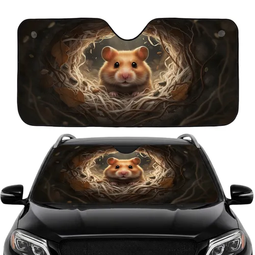 Golden Hamster Pink Nose Peeking Burrow Entrance Textured Nest Earthy Roots - Car Interior Upgrade Car Sunshade