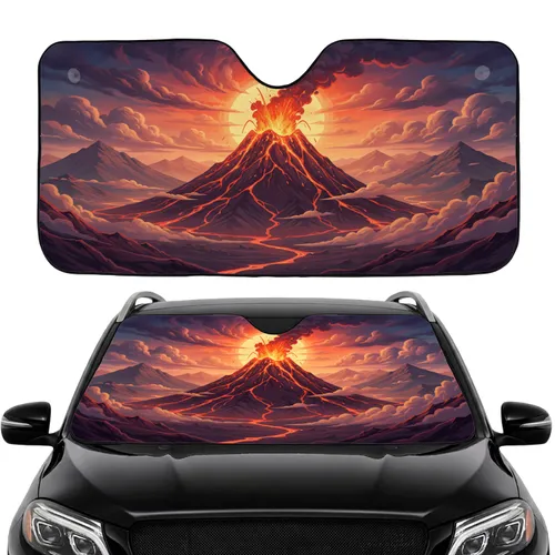 Erupting Volcano Fiery Lava Mountains - Scenic Road Trip Travel Accessory Car Sunshade