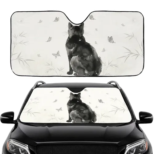 Black Cat Sumi-e Butterflies Botanical - Car Interior Upgrade Cat Lover Gift Car Sunshade