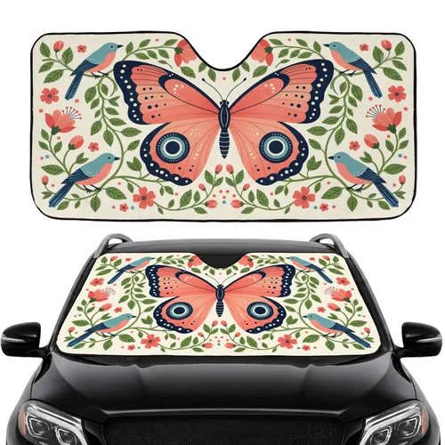 Ornate Butterfly Birds Folk Art Lush Floral Botanical Tapestry - Car Interior Upgrade Car Sunshade