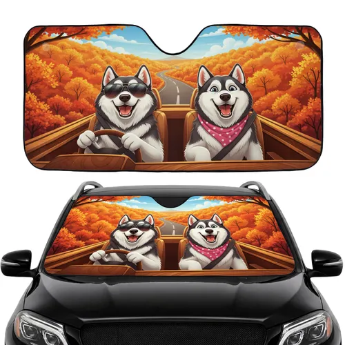 Siberian Husky Dogs Autumn Forest Road Trip Gift for Dog Lover Car Sunshade