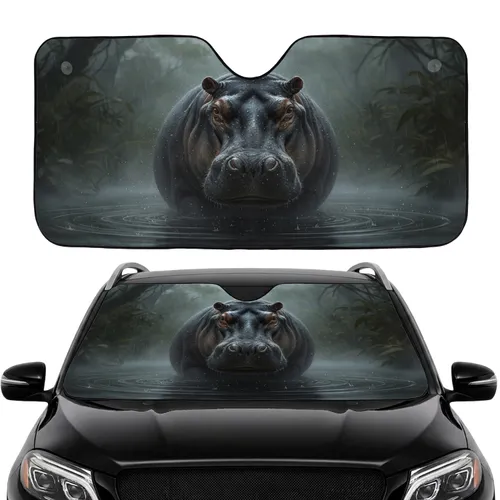 Imposing Wet Hippopotamus Jungle Mist Scene - Road Trip Accessory for Wildlife Lover Car Sunshade