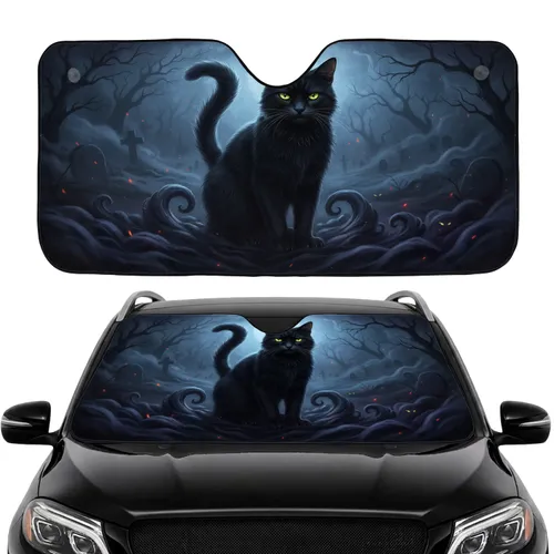 Black Cat Glowing Eyes Moonlit Forest - Halloween Road Trip Gift for Cat Lover Car Sunshade