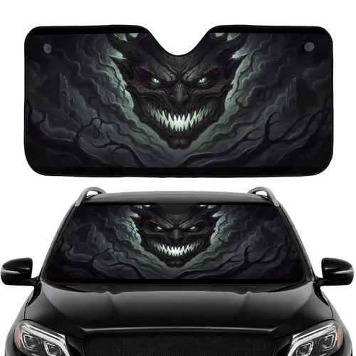 Menacing Demonic Monster Face Jagged Grin Dark Smoke - Road Trip Commute Accessory Car Sunshade