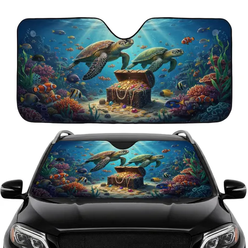 Loggerhead Green Sea Turtle Gold Coins Jewels - Car Interior Upgrade Road Trip Car Sunshade