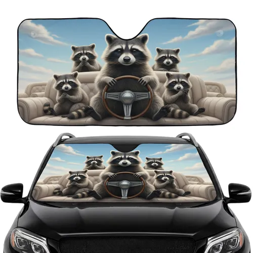 Gathering of Realistic Raccoons Driving Under Clouds - Road Trip Car Interior Upgrade Car Sunshade