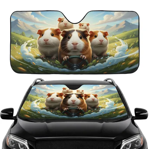 Realistic Guinea Pigs Driving Car Lush Hills - Road Trip Car Accessory Car Sunshade
