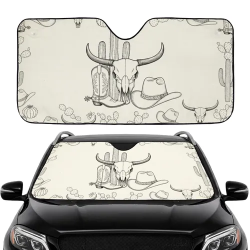 Majestic Bull Skull Cowboy Hat Boots Cinematic Desert Road Trip Gift Car Sunshade