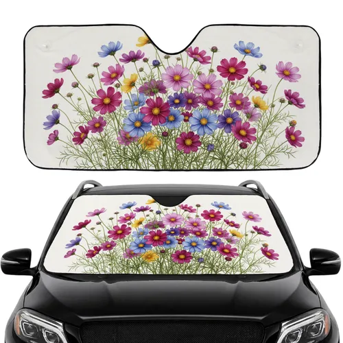 Fuchsia Purple Yellow Cosmos Wildflowers Golden Centers - Car Interior Upgrade Car Sunshade