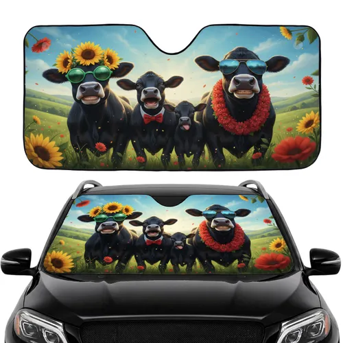 Four Black Cows Sunflowers Hills - Road Trip Gift for Cow Lover Car Sunshade