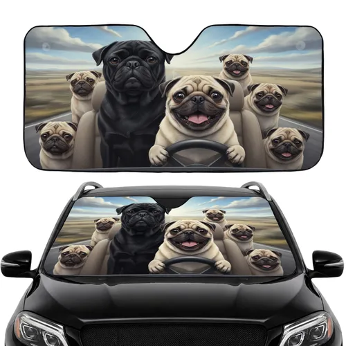 Pugs Steering Wheel Open Road Journey - Road Trip Travel Essentials for Pug Lovers Car Sunshade