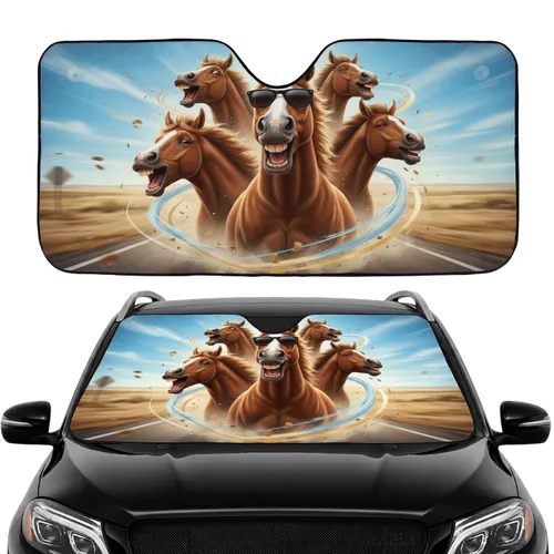 Four Brown Laughing Horses in Sunglasses - Road Trip Essentials for Horse Lover Car Sunshade