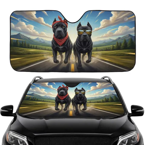 Black Cane Corso Dogs Red Bandana Gold Sunglasses - Road Trip Gift for Dog Lover Car Sunshade