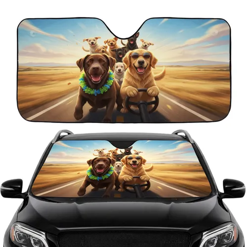 Labrador Golden Retriever Driving Dogs Summer Road Trip Gift for Dog Lovers Car Sunshade
