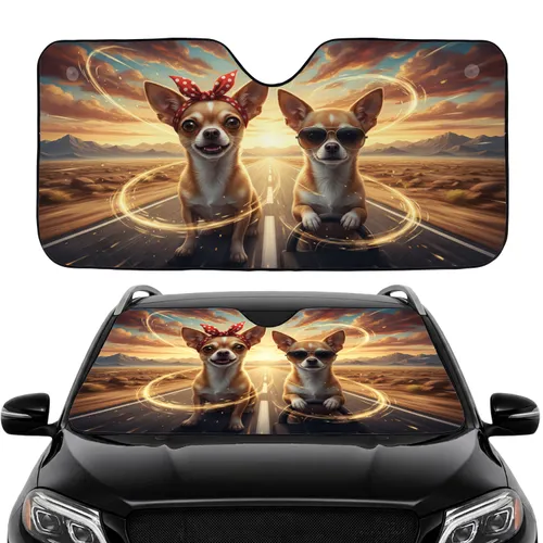 Chihuahua Dogs Bandana Sunglasses Scenic Journey - Road Trip Travel Essentials for Dog Lovers Car Sunshade