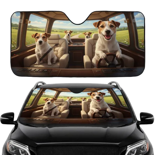 Jack Russell Terriers Travel Cabin Country Road Trip Gift for Dog Lovers Car Sunshade