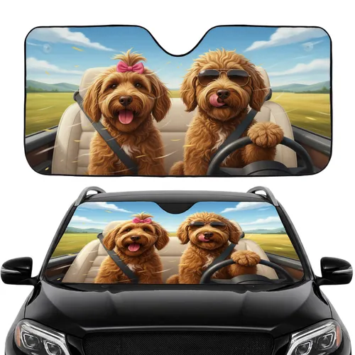 Golden Doodle Dogs Driving Sunglasses Pink Bow - Road Trip Essentials Gift Car Sunshade
