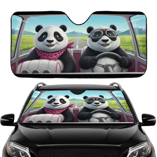 Fluffy Panda Bears Driving Adventure Journey - Travel Essentials Road Trip Gift for Panda Lovers Car Sunshade
