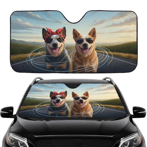 Australian Cattle Dogs Open Road Scenic Sky - Road Trip Gift for Dog Lover Car Sunshade