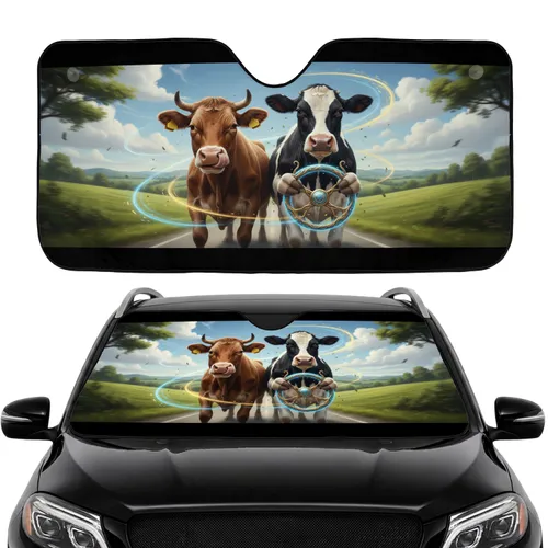 Brown Holstein Cows Driving - Open Road Travel Gift for Cow Lovers Car Sunshade