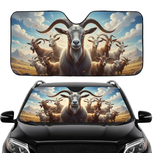 Diverse Horned Goats Mountain Vista Scene Car Interior Upgrade for Goat Lovers Car Sunshade