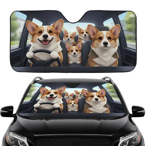 Corgi Dogs Steering Wheel Open Road Landscape - Road Trip Adventure Car Upgrade Car Sunshade