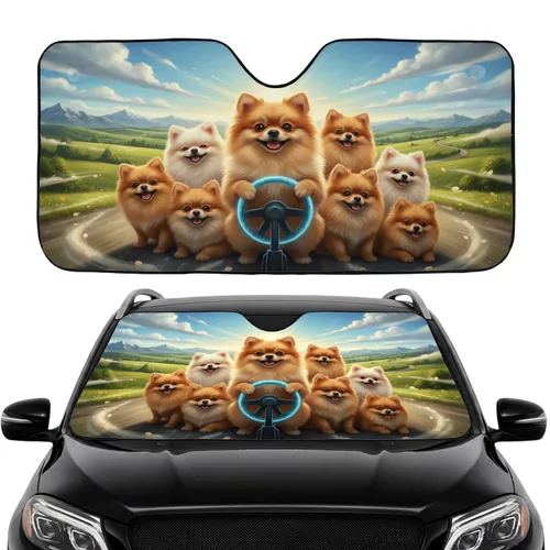 Pomeranian Dogs Driving Green Hills - Road Trip Gift for Dog Lover Car Sunshade
