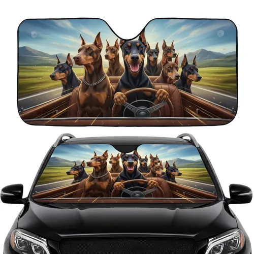 Doberman Pinscher Pack Car Ride Adventure - Road Trip Gift for Doberman Lover Car Sunshade