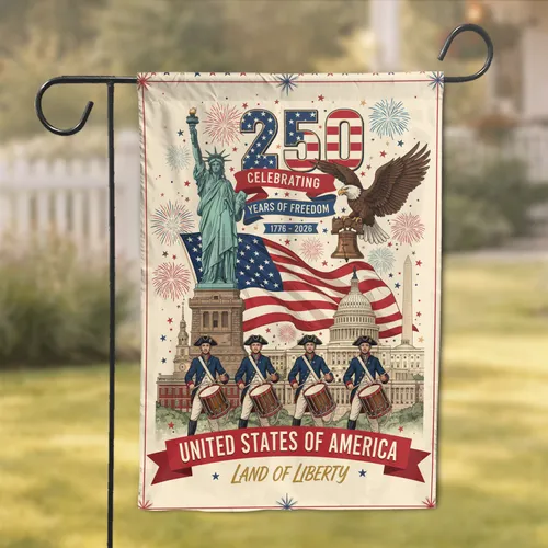 Liberty Eagle Drummers American Flag USA 250th Anniversary Celebration Garden Flag