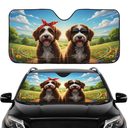 Bernedoodle Dogs Paw Prints Summer Landscape - Road Trip Travel Essentials for Dog Lovers Car Sunshade
