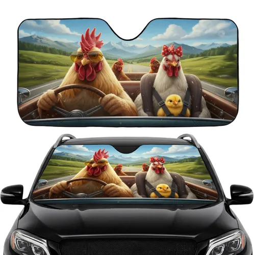 Rooster Hen Chick Family Driving Car Scenic Road Trip - Premium Car Interior Upgrade Gift Car Sunshade
