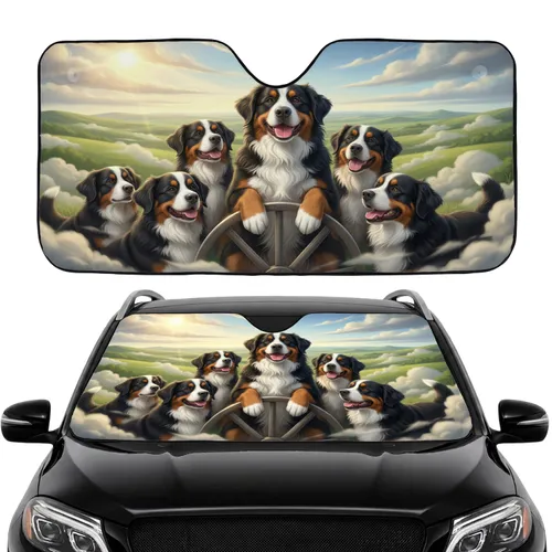 Bernese Mountain Dogs Holding Wheel Pack Lush Landscape - Road Trip Gift for Dog Lover Car Sunshade
