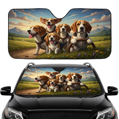 Beagles Open Road Panoramic Landscape - Road Trip Gift for Beagle Lover Car Sunshade