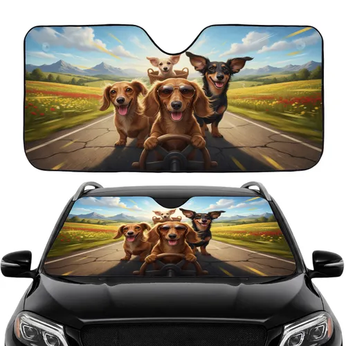 Four Dachshunds Driving Open Road Countryside Scenic Travel Essentials for Dachshund Lovers Car Sunshade