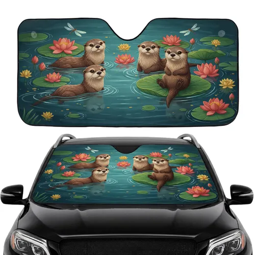 River Otters Lotus Flowers Dragonflies - Road Trip Gift for Otter Lover Car Sunshade