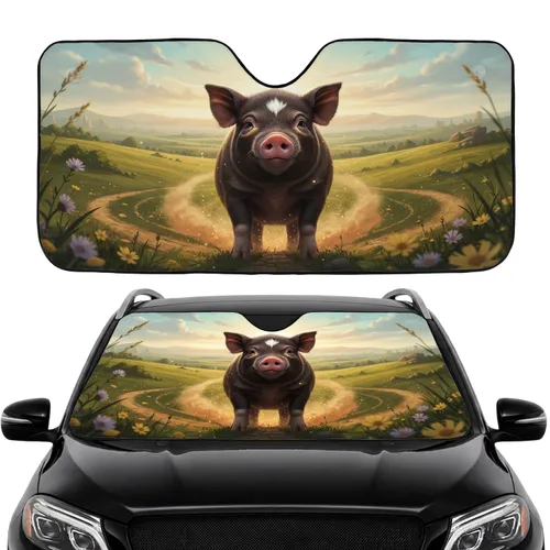Intelligent Determined Miniature Pig in Rolling Hills - Adventurous Road Trip Gift Car Sunshade