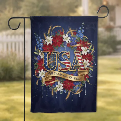 USA 250 Years of Freedom Gold Banner Patriotic Wreath - 250th Anniversary Independence Day Gift Garden Flag