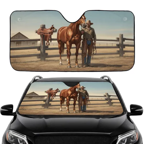 Western Horse Cowboy Ranch Yard Scene - Car Interior Upgrade for Horse Lovers Car Sunshade
