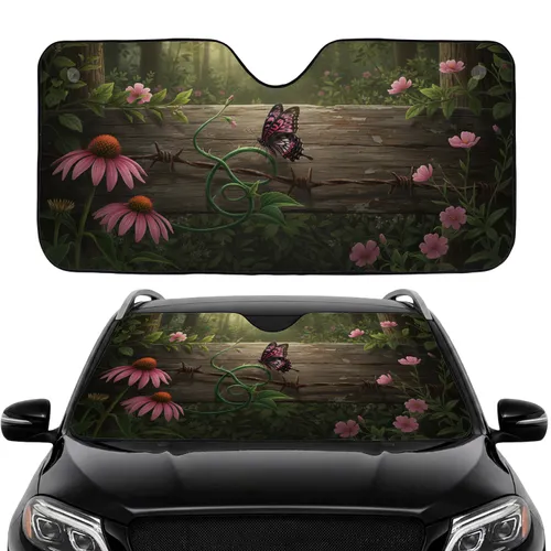 Black Pink Butterfly Barbed Wire Wood Wildflowers Road Trip Accessory Car Sunshade